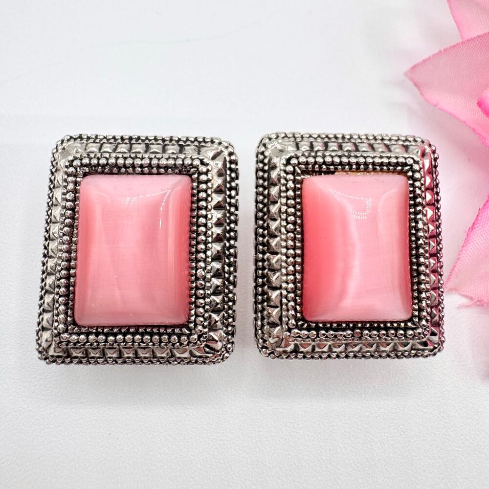 Pink Cat’s Eye Glass Milgrain Bezel Framed Earrings Omega Back Barbiecore Chunky